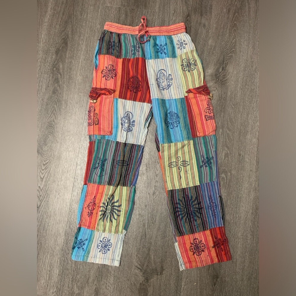 Karma Circle Pants Hippie Yoga Festival Jogger Ankle Hand Stamped* Size Large